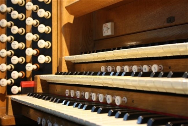 A close-up of the organ keyboard at St Mary's.